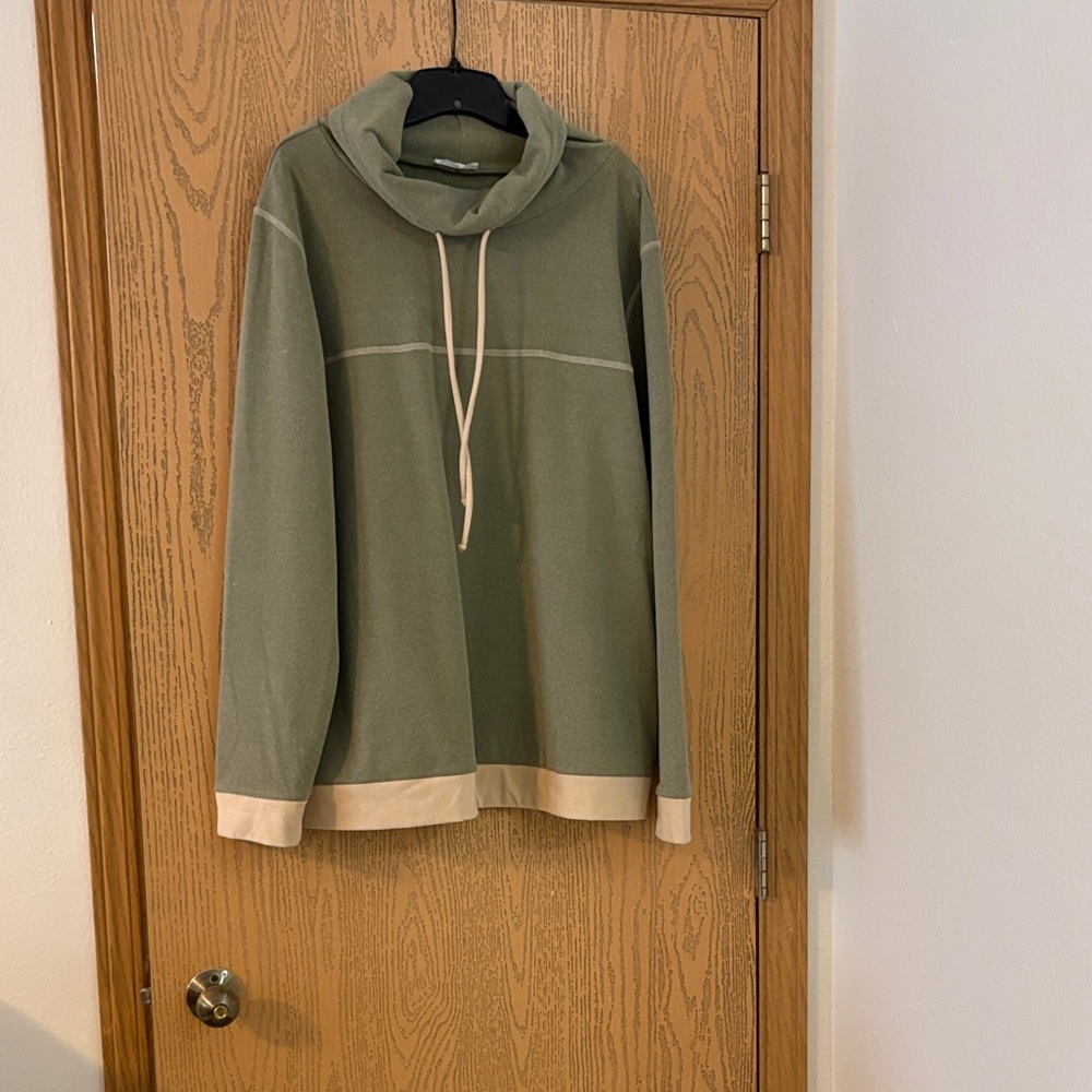 Olive Green Women's Sweatshirt with Cowl Neck and Cream Accents